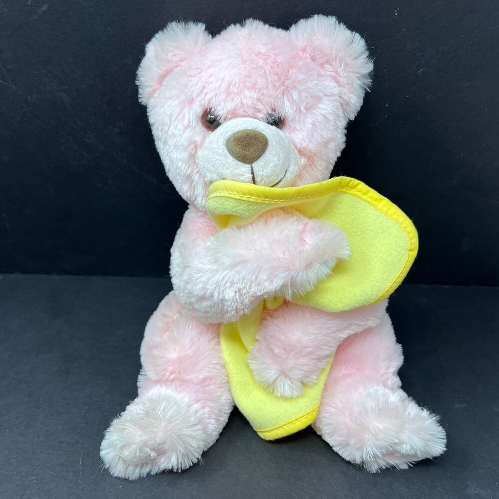 Kellytoy Pink Teddy Bear Plush Holding Yellow Blanket Lovey Stuffed Animal